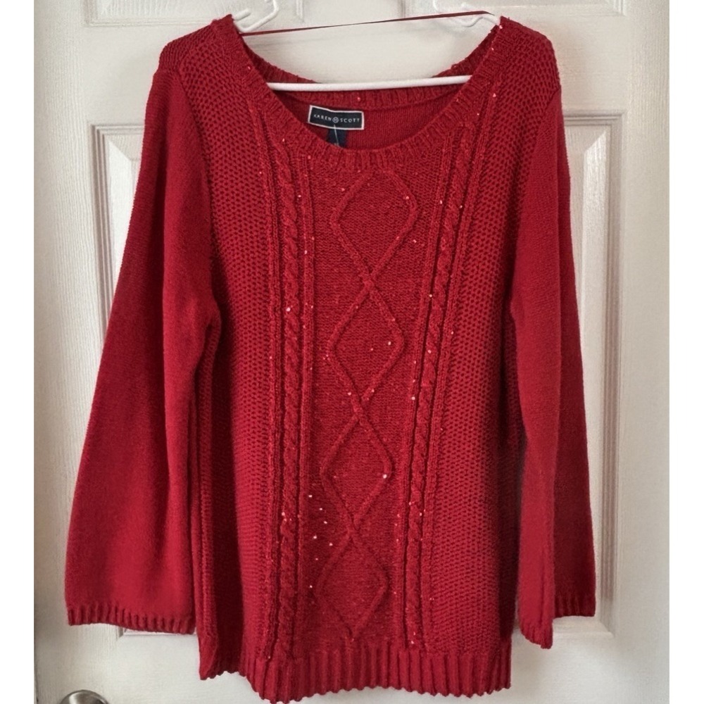 Karen Scott Sweater Womens XL Red Cable Knit Crew Neck Holiday Sequins NWT